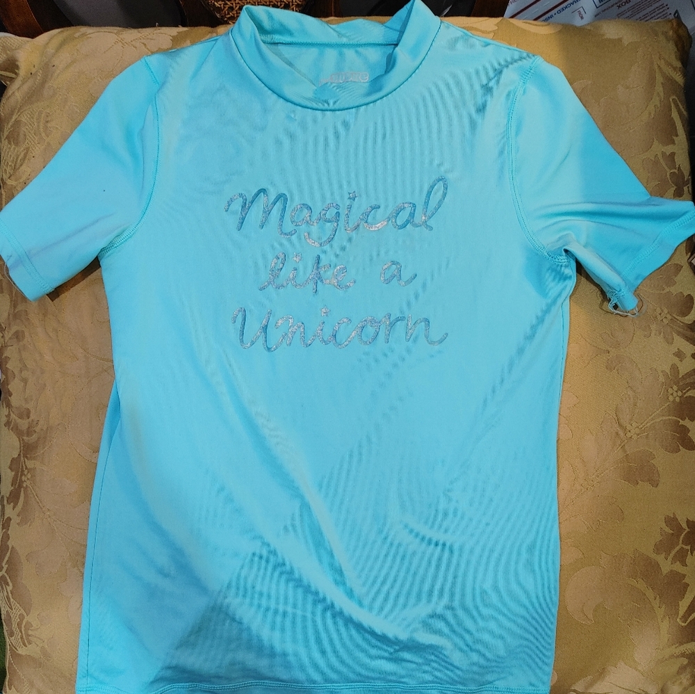 Girl's teal rash guard "Magical like a unicorn"